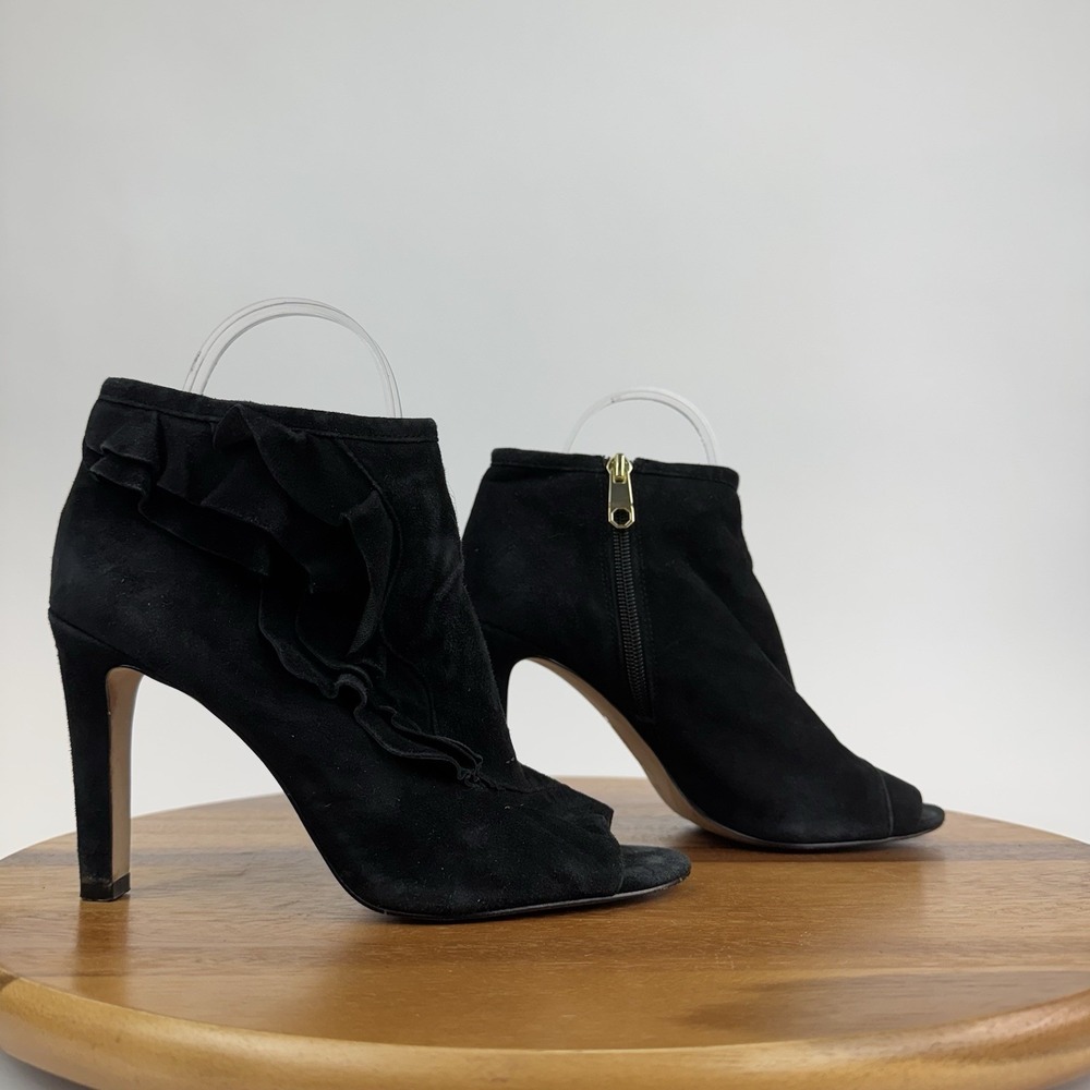 Womens Louise et Cie Lo-Haze Black Suede Ruffled Peep Toe Ankle Boots Size 7.5 M
